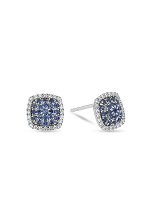 Sterling Silver Sapphire Blue Nano Gemstone Cushion Halo Women’s Stud Earrings