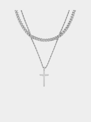 Stainless Steel Layered Curb & Rope Chain Cross Pendant