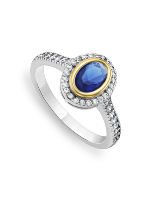Yellow Gold & Sterling Silver, Blue Cubic Zirconia Oval Halo  Ring
