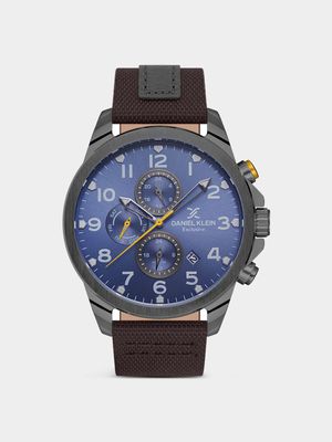Daniel Klein Gunmetal Plated Blue Dial Brown & Grey Leather Watch