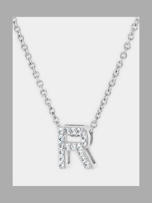 CZ Initial Necklace R Silver Plated
