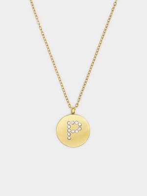 18ct Gold Plated Waterproof Stainless Steel CZ P Initial on Disk Pendant