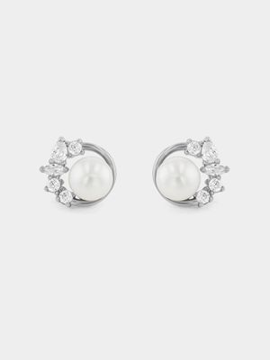 Sterling Silver Freshwater Pearl Cubic Zirconia Circle Stud Earrings
