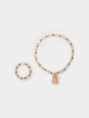 Girl's Peach Smiley Beaded Necklace & Bracelet Set