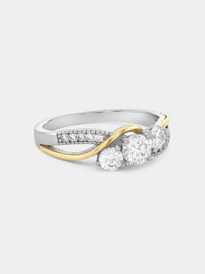 Yellow Gold & Sterling Silver Cubic Zirconia Wave Trilogy Ring