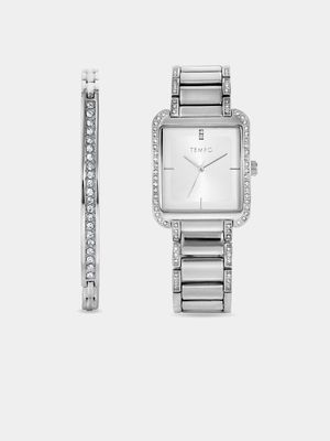 Tempo Ladies’ Silver Plated Crystal Rectangle Bracelet Watch Set