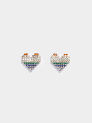 Rhodium Plated Rainbow Pave CZ Heart Stud Earrings