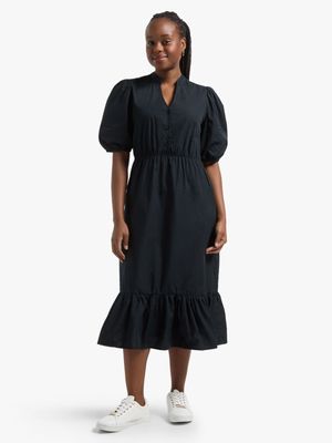 Jet Women's Regular Black Poplin Tiered Dress