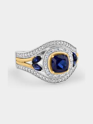 Yellow Gold & Sterling Silver Diamond & Created Blue Sapphire Cushion Calla Women’s Ring