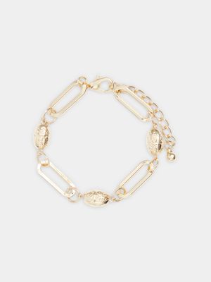 Gold Tone Paperlink Chain with Imprinted Bead Bracelet