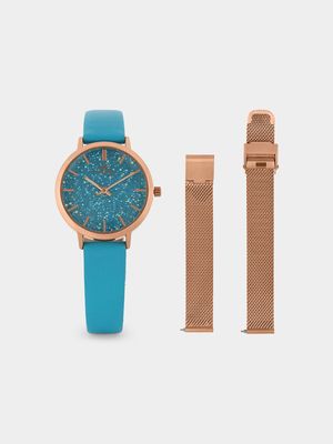 Ferro Women’s Rose Plated Blue Leather Watch & Mesh Strap Set