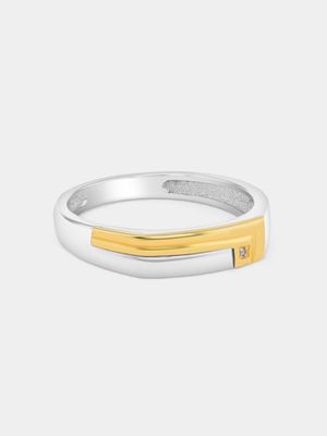 Yellow Gold & Sterling Silver Diamond Geometric Groove Ring