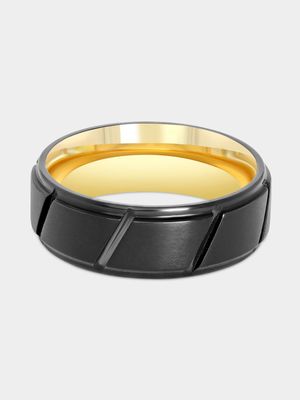 Tungsten Black & Gold Plated Diagonal Stripes Ring