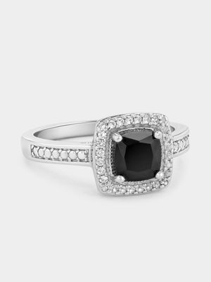 Sterling Silver Diamond & Black Sapphire Cushion Halo Ring