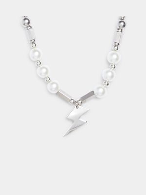 Stainless Steel Lightening Bolt Pendant Necklace WITH Pearl Detail