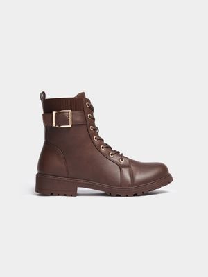 Women's Brown Lace Up Military Boots