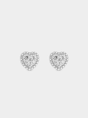 Sterling Silver Diamond & Created Sapphire Heart Halo Stud Earrings