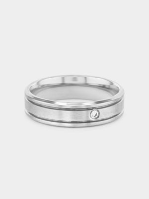 Stainless Steel Cubic Zirconia Solitaire Grooved Edge Ring