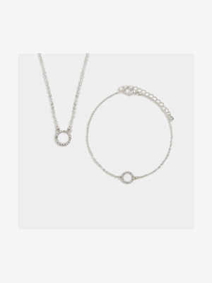 Women's Silver Circle Necklace & Bracelet Set