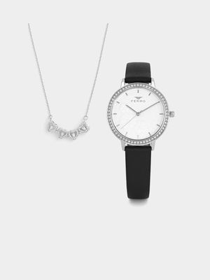 Ferro Silver Plated Black Leather Watch & Clover Heart Pendant Set