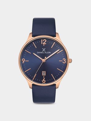 Daniel Klein Rose Plated Blue Dial Blue Leather Watch