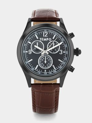 Tempo Black Plated Black Dial Brown Leather Watch