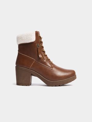 Women's Tan Lace Up Heeled Boots