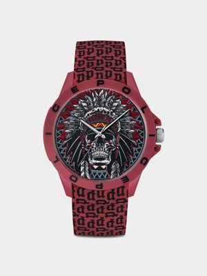 Police Men’s Wing Sketch Red Skull & Monogram Print Silicone Watch