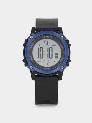 Tempo Men’s Black & Blue Round Digital Resin Watch