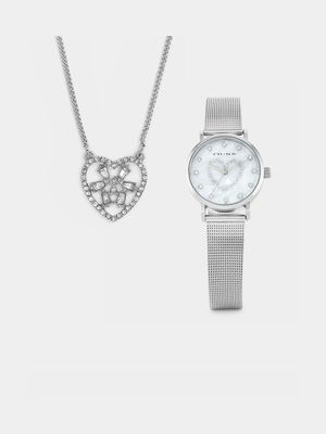 Minx Silver Plated Bracelet Watch & Heart Pendant Gift Set