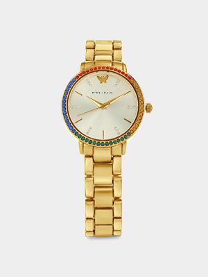 Minx Gold Plated Champagne Dial Rainbow Crystal Bracelet Watch