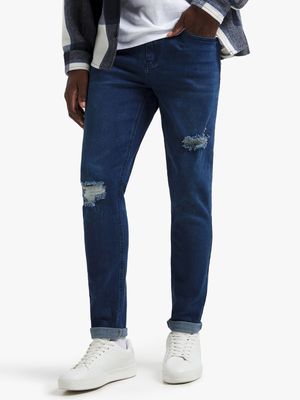 Jet Men's Dark Blue Rip Repair Skinny Denim Jeans
