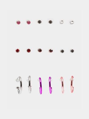 Girl's Silver & Pink 9-Pack Stud & Hoop Earrings