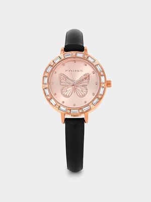 Minx Rose Plated Butterfly Dial Black Leather Watch