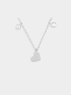 Rhodium Plated Heart & CZ Charm Necklace