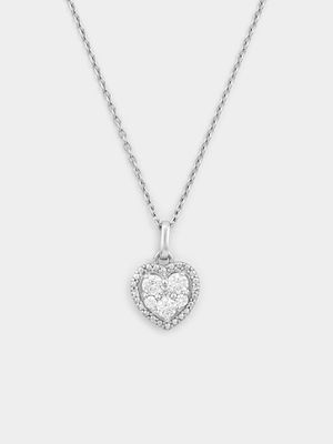 Sterling Silver Diamond & Created Sapphire Heart Halo Pendant
