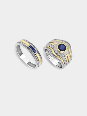 5ct Yellow Gold & Sterling Silver Diamond & Created Blue Sapphire Ladies’ & Men’s Ring Set