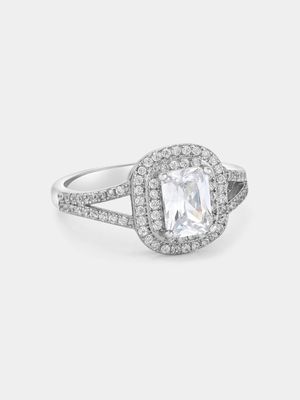 Sterling Silver Cubic Zirconia Emerald-Cut Double Halo Ring