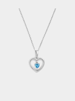 Sterling Silver Blue Topaz Cubic Zirconia December Birthstone Kid’s Heart Pendant