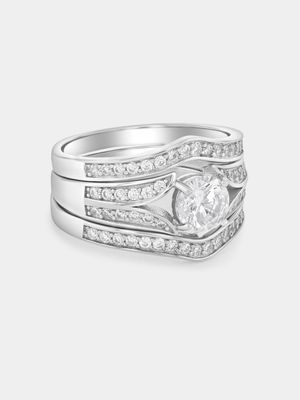 Sterling Silver Cubic Zirconia Round Fluted Triple Set Ring