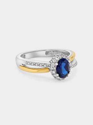 Yellow Gold & Sterling Silver Diamond & Created Blue Sapphire Crossover Ring