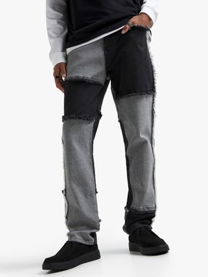 Men's Black Panel Patch Straight Leg Jeans