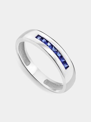 Sterling Silver & Blue Created Sapphire Men's Wedding Band