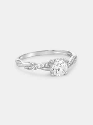 Sterling Silver Diamond & Created White Sapphire Cushion Twist Ring