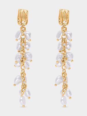 18ct Gold Plated & Cluster Pearl Drop Earrings