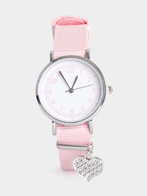 Girl's Pink Diamante Heart Charm Watch