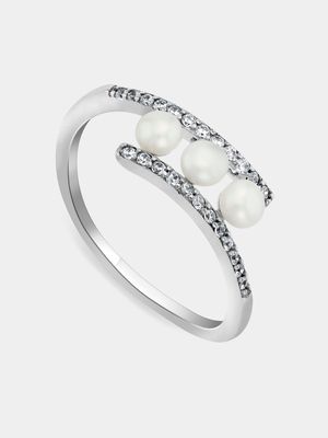 Sterling Silver Freshwater Pearl & Cubic Zirconia Women’s Tension Ring