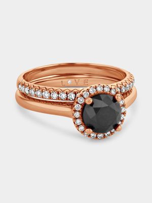 Rose Gold 1ct Black Diamond Round Halo Twinset Ring