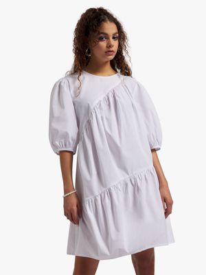 Women's White A-Symmetrical Babydoll Dress