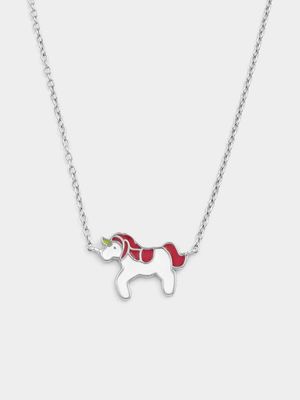 Sterling Silver White & Pink Enamel Unicorn Necklace